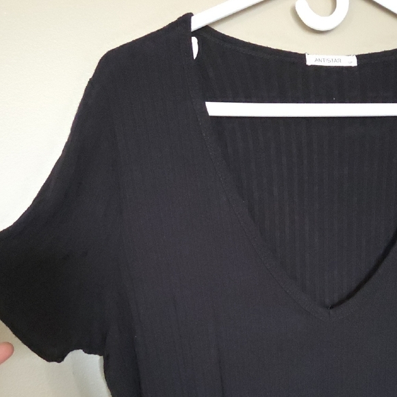 Anistar Black Ribbed Short Sleeve Tshirt Dress Size S - Picture 2 of 3